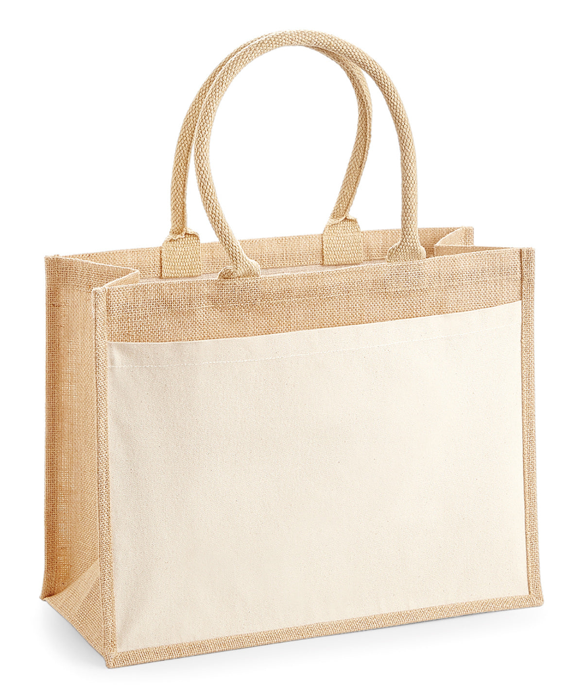 Tryck din logga på Väskor från Westford Mill - Anpassa Jute Shopper with Cotton Pocket i färgen Naturligt One Size för företag, föreningar och privatpersoner