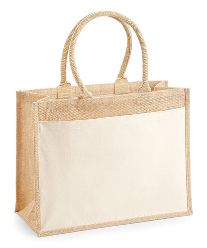 Tryck din logga på Väskor från Westford Mill - Anpassa Jute Shopper with Cotton Pocket i färgen Naturligt One Size för företag, föreningar och privatpersoner