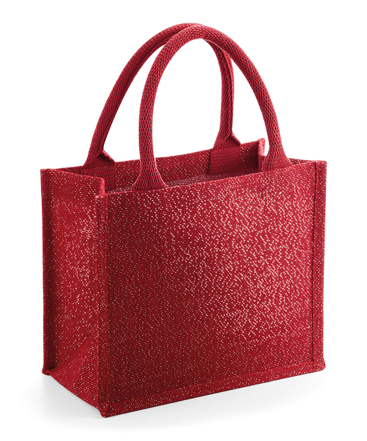 Tryck din logga på Väskor från Westford Mill - Anpassa Shimmer Jute Mini Gift Medic i färgen Mellan röd One Size för företag, föreningar och privatpersoner