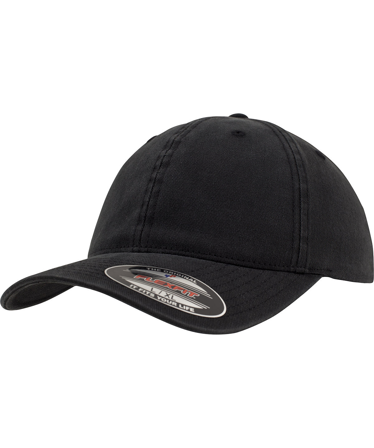 Tryck din logga på Kepsar från Flexfit by Yupoong - Anpassa Flexfit dad hat i tvättad bomull i färgen Svart för företag, föreningar och privatpersoner