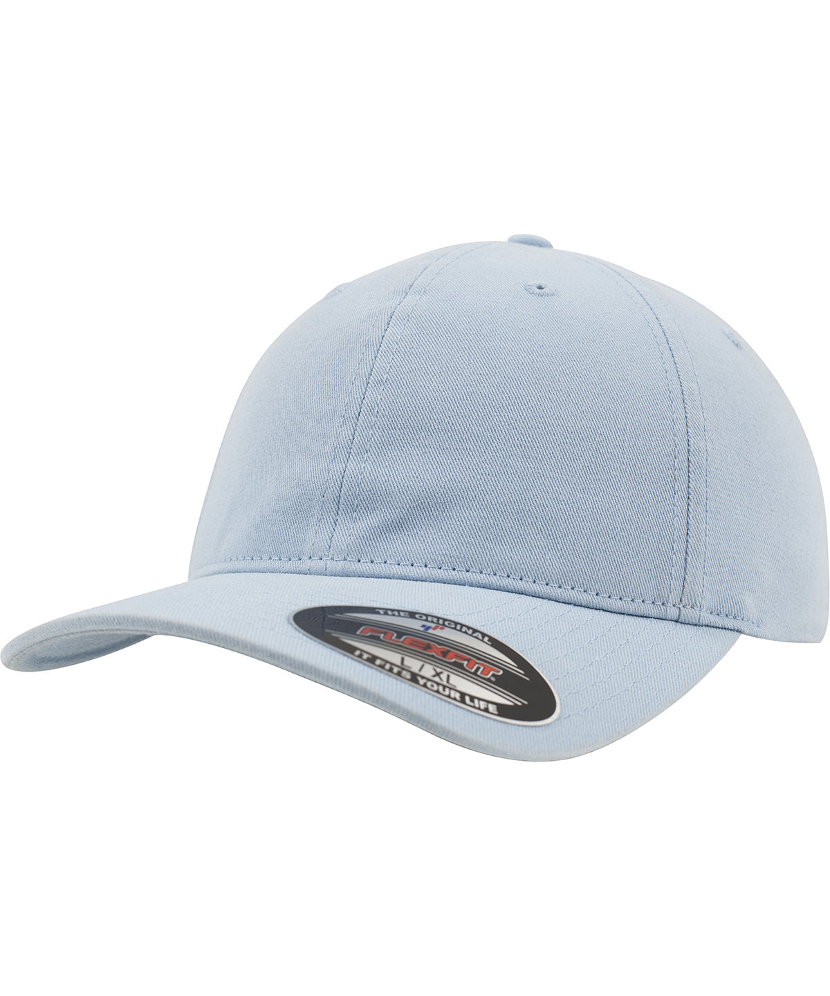 Tryck din logga på Kepsar från Flexfit by Yupoong - Anpassa Flexfit dad hat i tvättad bomull i färgen Ljusblå för företag, föreningar och privatpersoner