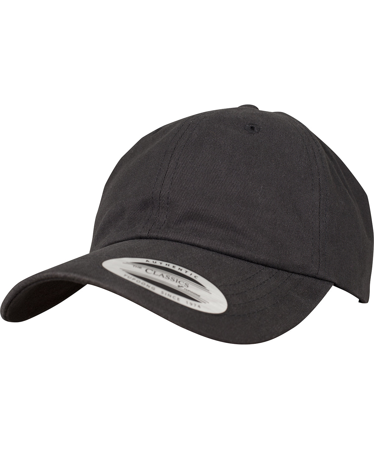 Tryck din logga på Kepsar från Flexfit by Yupoong - Anpassa Dad cap i peached bomullstwill i färgen Svart One Size för företag, föreningar och privatpersoner