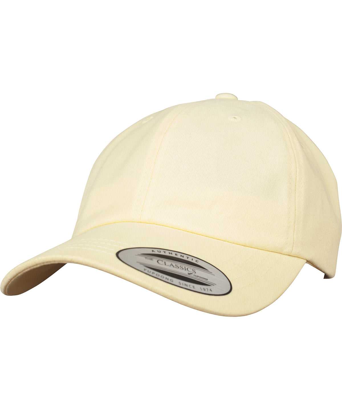 Tryck din logga på Kepsar från Flexfit by Yupoong - Anpassa Dad cap i peached bomullstwill i färgen Ljusgul One Size för företag, föreningar och privatpersoner