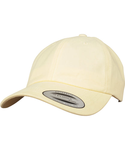 Tryck din logga på Kepsar från Flexfit by Yupoong - Anpassa Dad cap i peached bomullstwill i färgen Ljusgul One Size för företag, föreningar och privatpersoner