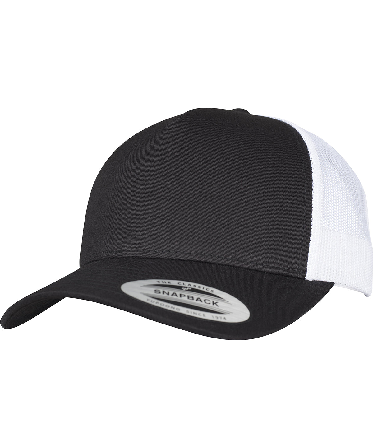 Tryck din logga på Kepsar från Flexfit by Yupoong - Anpassa 5-panel retro trucker 2-tone keps i färgen Svart One Size för företag, föreningar och privatpersoner