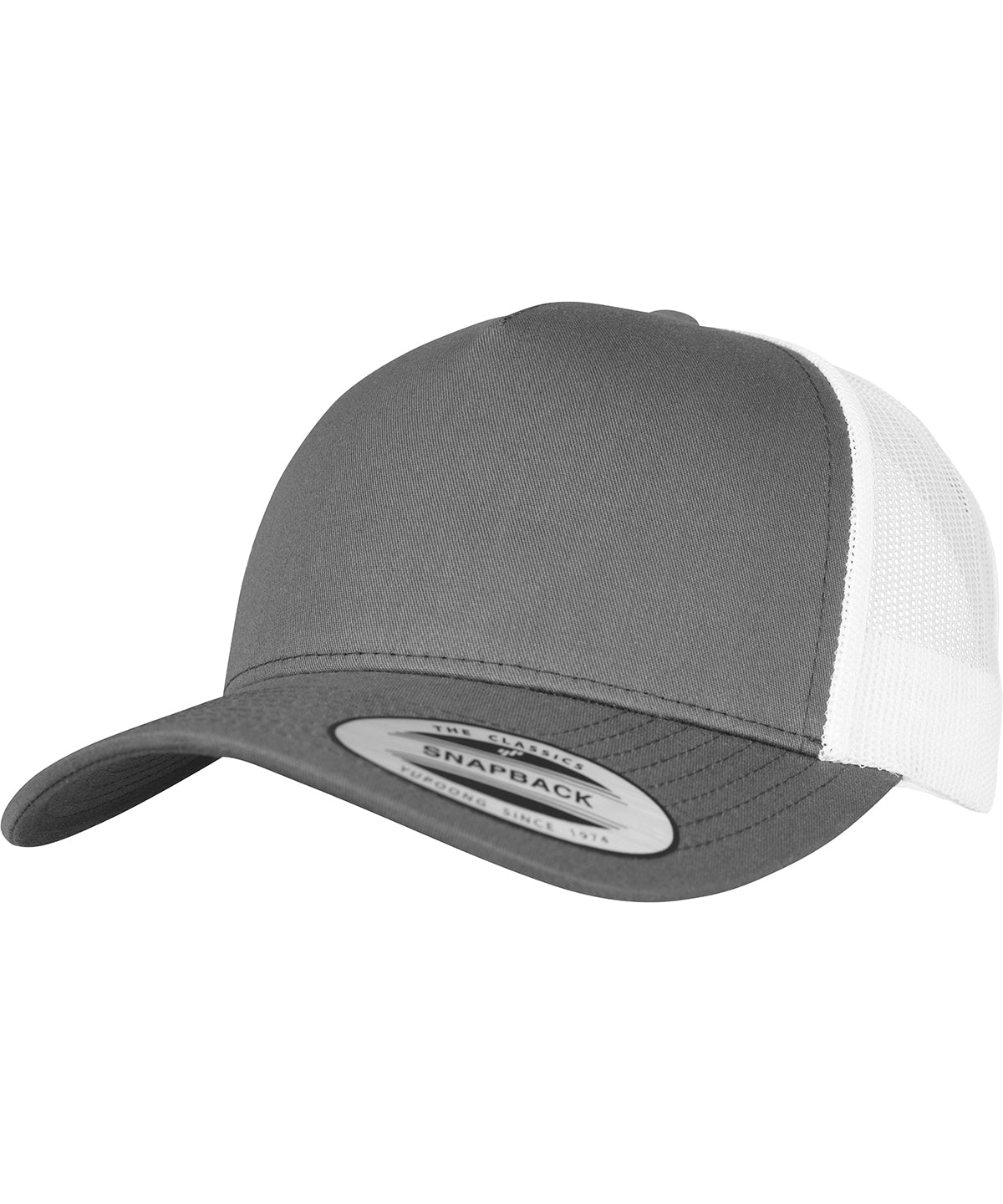 Tryck din logga på Kepsar från Flexfit by Yupoong - Anpassa 5-panel retro trucker 2-tone keps i färgen Mörkgrå One Size för företag, föreningar och privatpersoner
