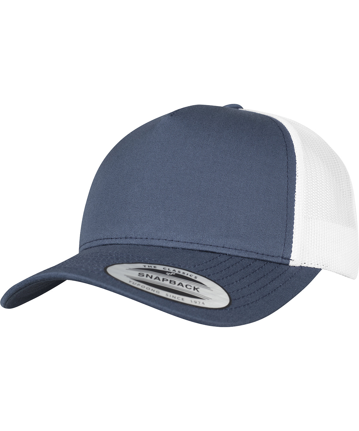 Tryck din logga på Kepsar från Flexfit by Yupoong - Anpassa 5-panel retro trucker 2-tone keps i färgen Marinblå One Size för företag, föreningar och privatpersoner