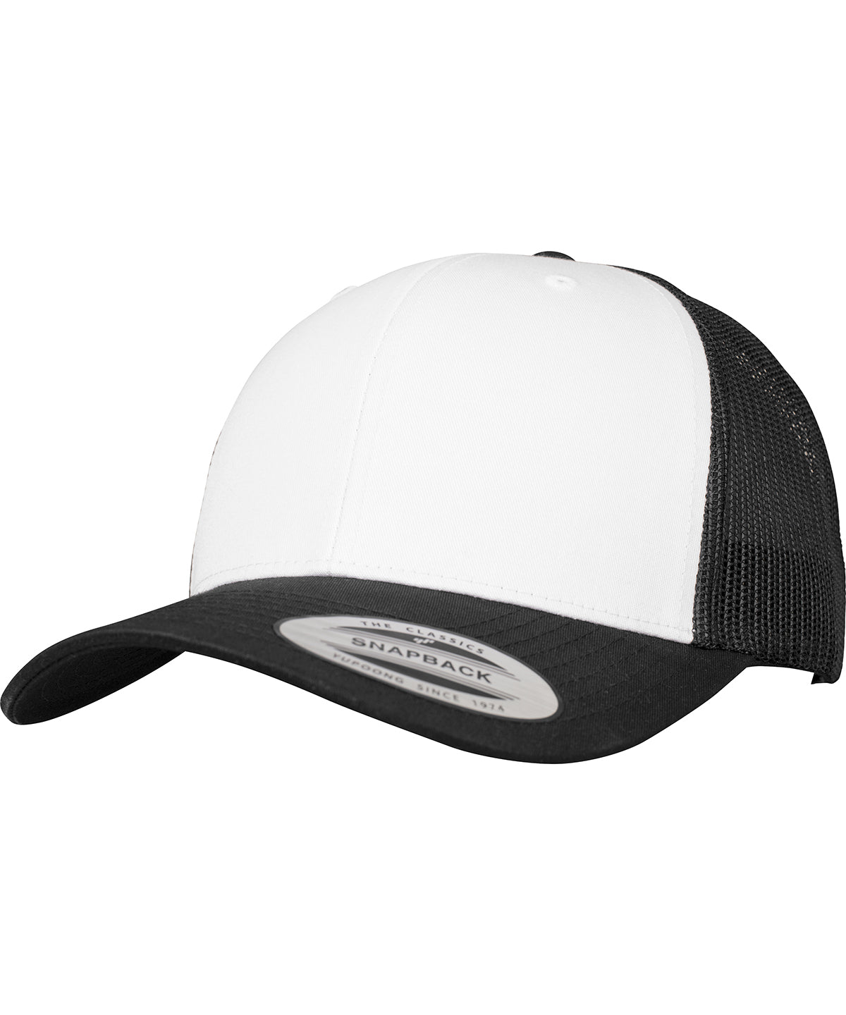Tryck din logga på Kepsar från Flexfit by Yupoong - Anpassa Retro trucker med färgad framsida i färgen Svart One Size för företag, föreningar och privatpersoner