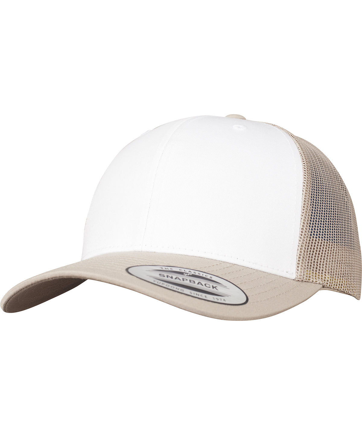 Tryck din logga på Kepsar från Flexfit by Yupoong - Anpassa Retro trucker med färgad framsida i färgen Khaki One Size för företag, föreningar och privatpersoner