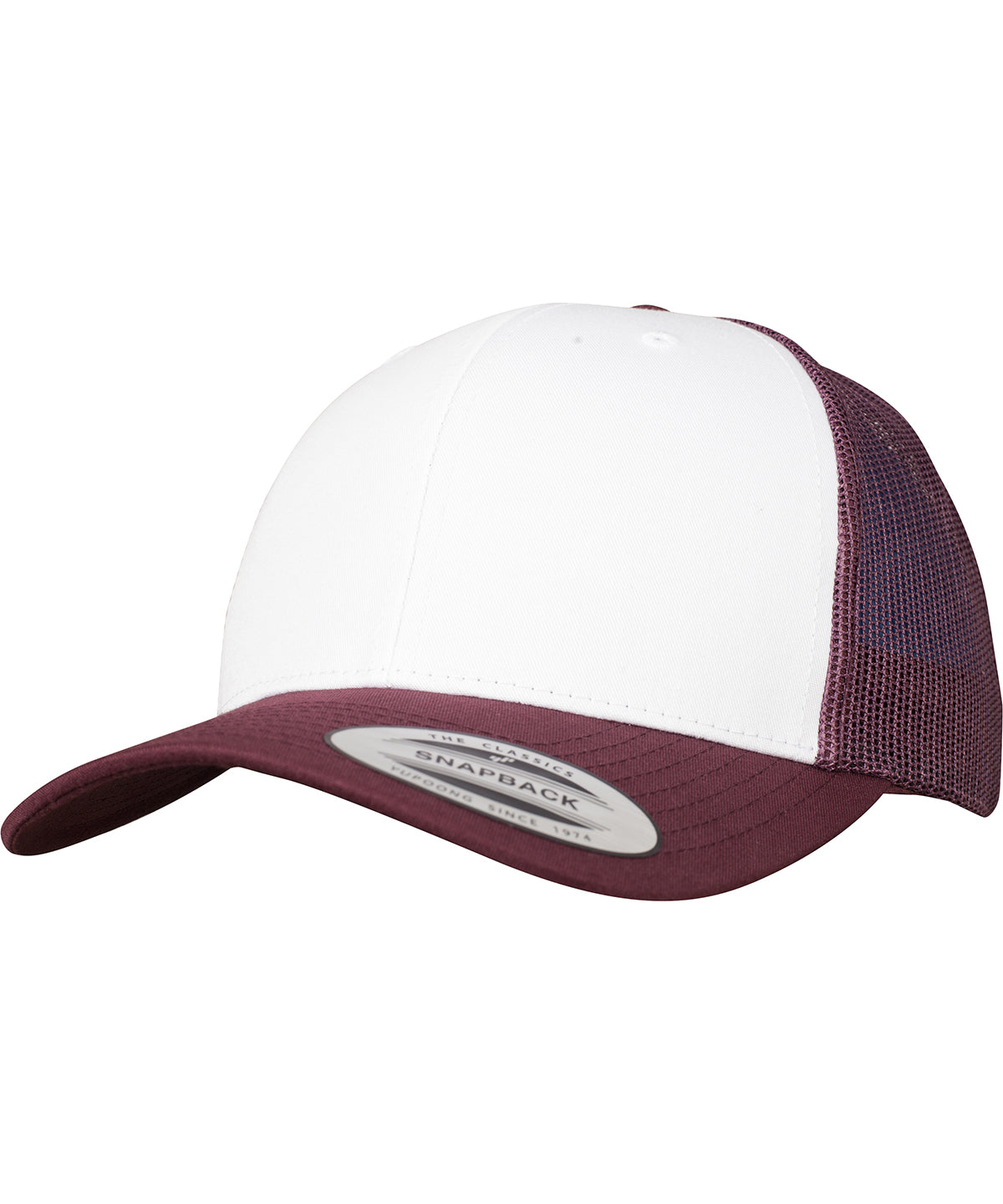 Tryck din logga på Kepsar från Flexfit by Yupoong - Anpassa Retro trucker med färgad framsida i färgen Mörkröd One Size för företag, föreningar och privatpersoner