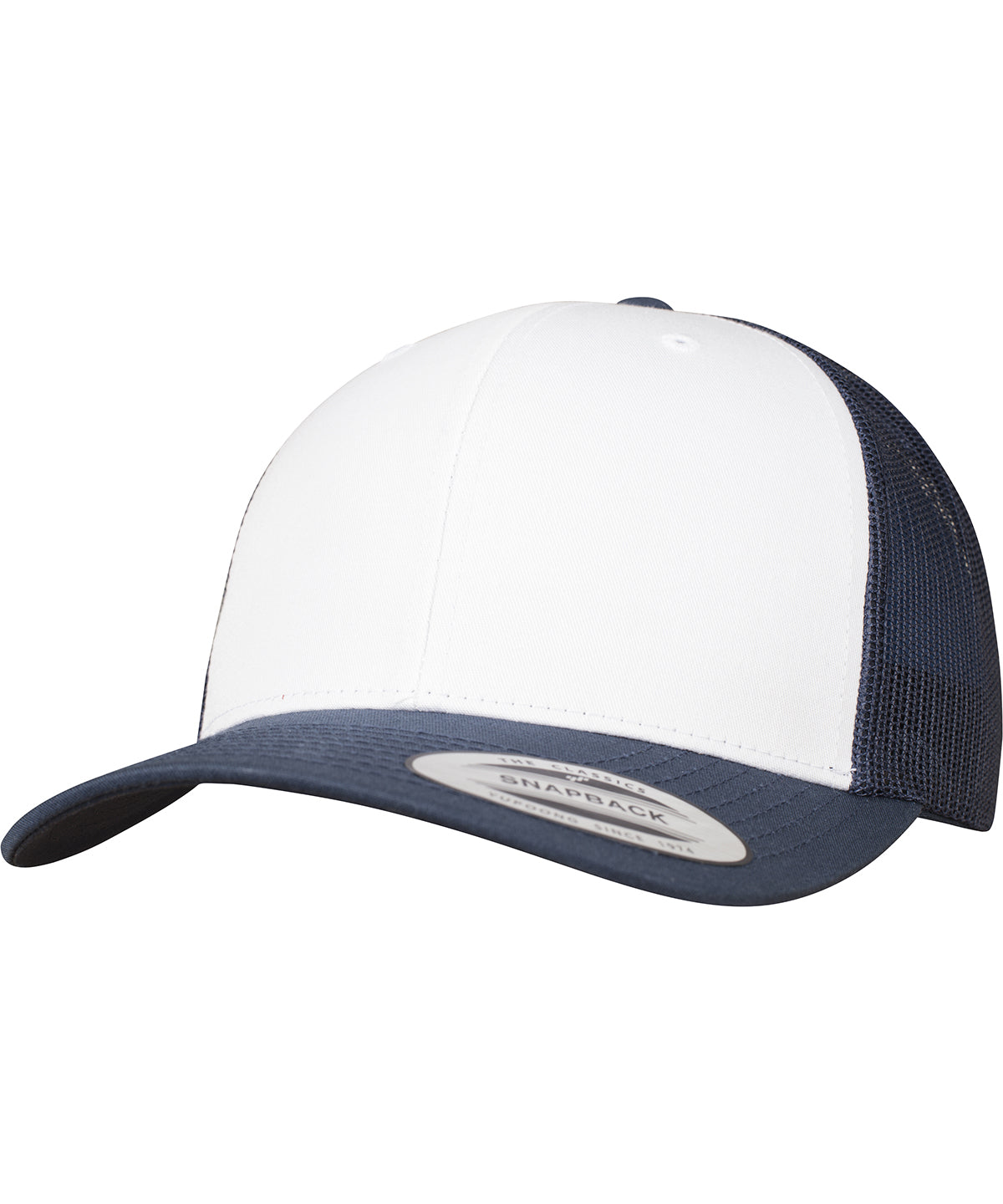 Tryck din logga på Kepsar från Flexfit by Yupoong - Anpassa Retro trucker med färgad framsida i färgen Marinblå One Size för företag, föreningar och privatpersoner