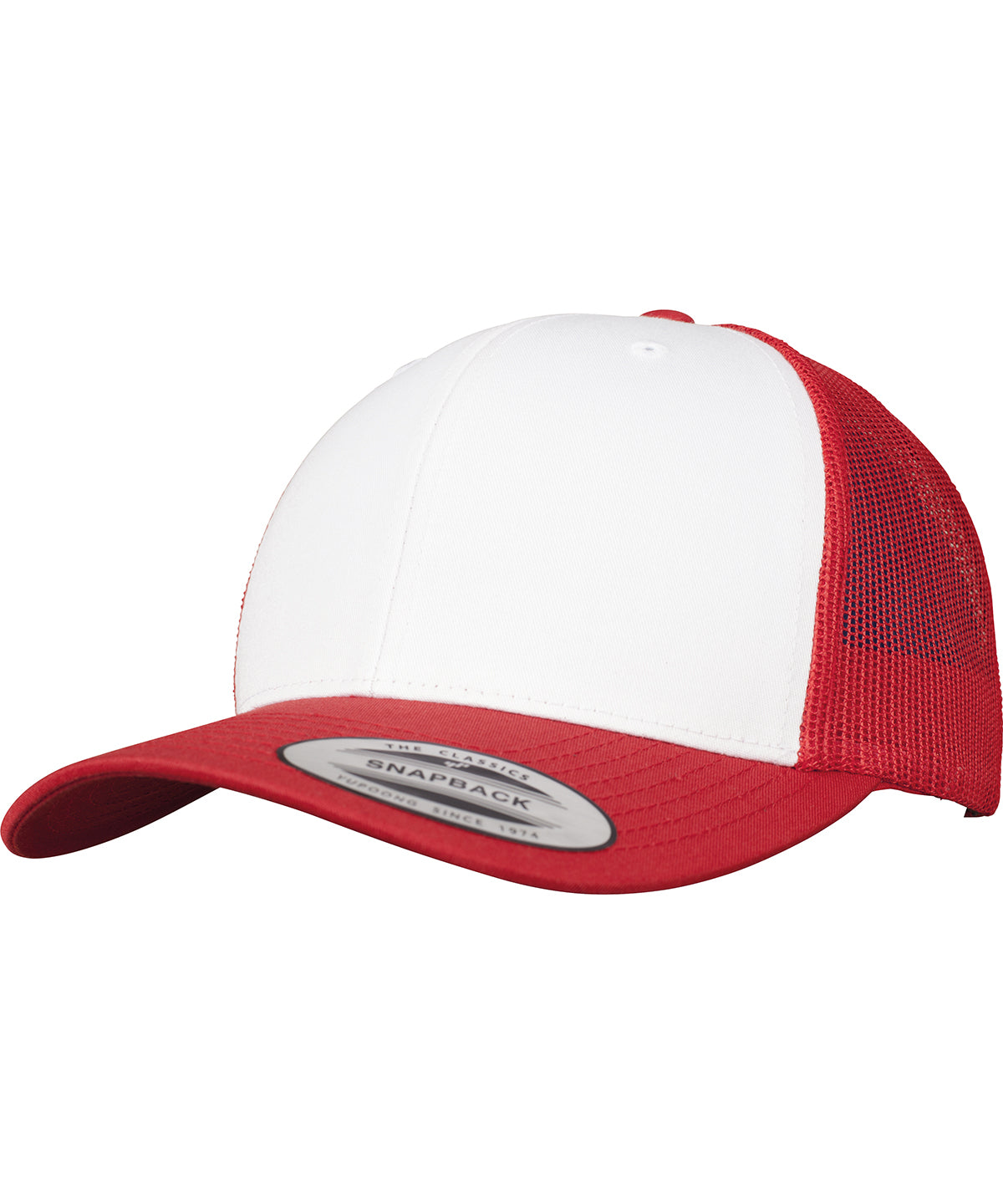 Tryck din logga på Kepsar från Flexfit by Yupoong - Anpassa Retro trucker med färgad framsida i färgen Mellan röd One Size för företag, föreningar och privatpersoner