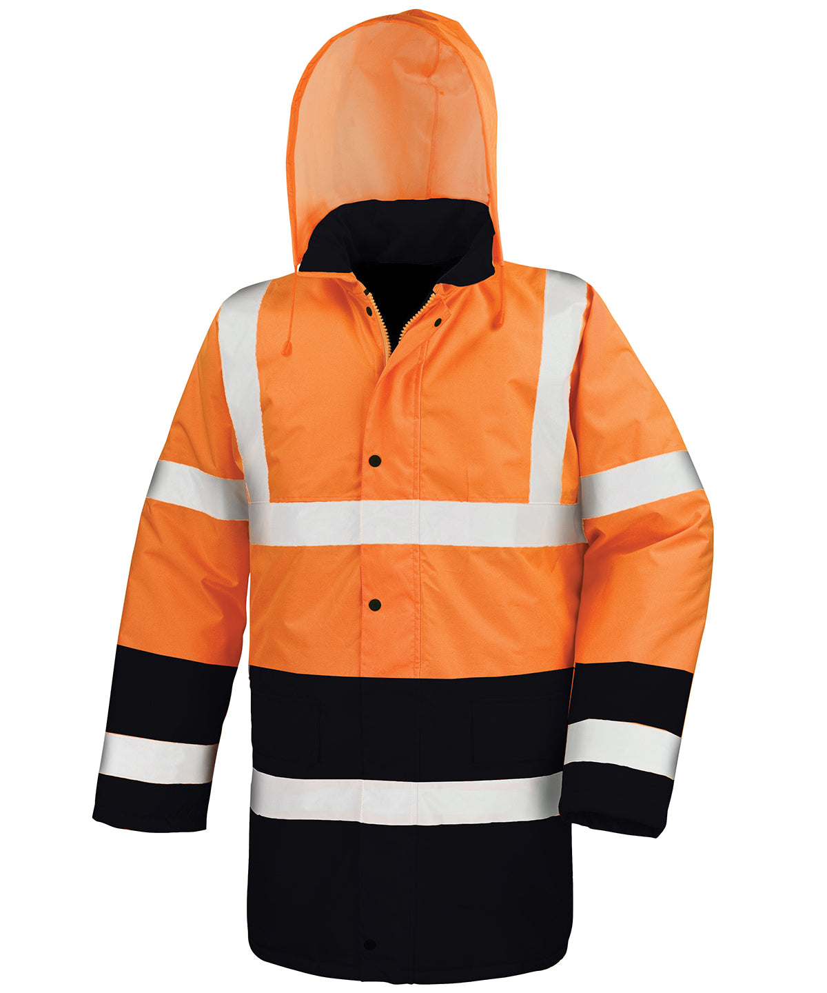 Tryck din logga på Jackor från Result Core - Anpassa Motorway tvåfärgad säkerhetsrock i färgen Neon orange för företag, föreningar och privatpersoner