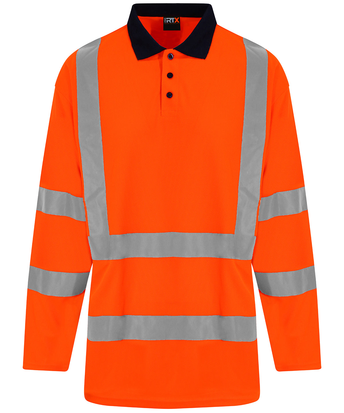 Tryck din logga på Piké från ProRTX High Visibility - Anpassa High Vis Long Sleeve Polo i färgen Neon orange för företag, föreningar och privatpersoner