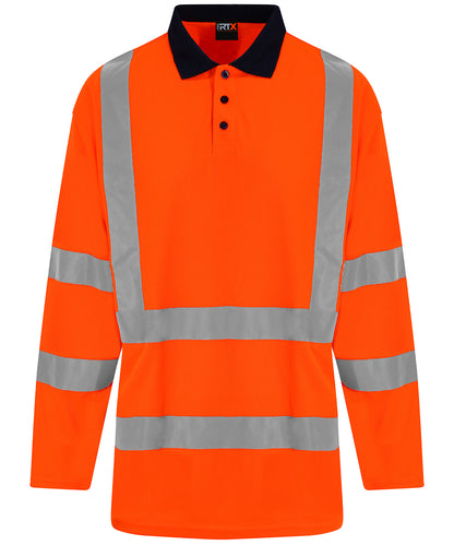 Tryck din logga på Piké från ProRTX High Visibility - Anpassa High Vis Long Sleeve Polo i färgen Neon orange för företag, föreningar och privatpersoner