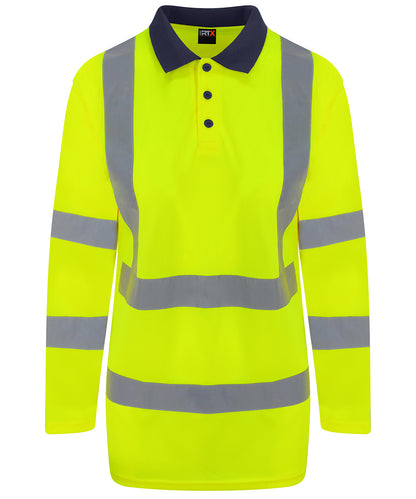 Tryck din logga på Piké från ProRTX High Visibility - Anpassa High Vis Long Sleeve Polo i färgen Neon gul för företag, föreningar och privatpersoner