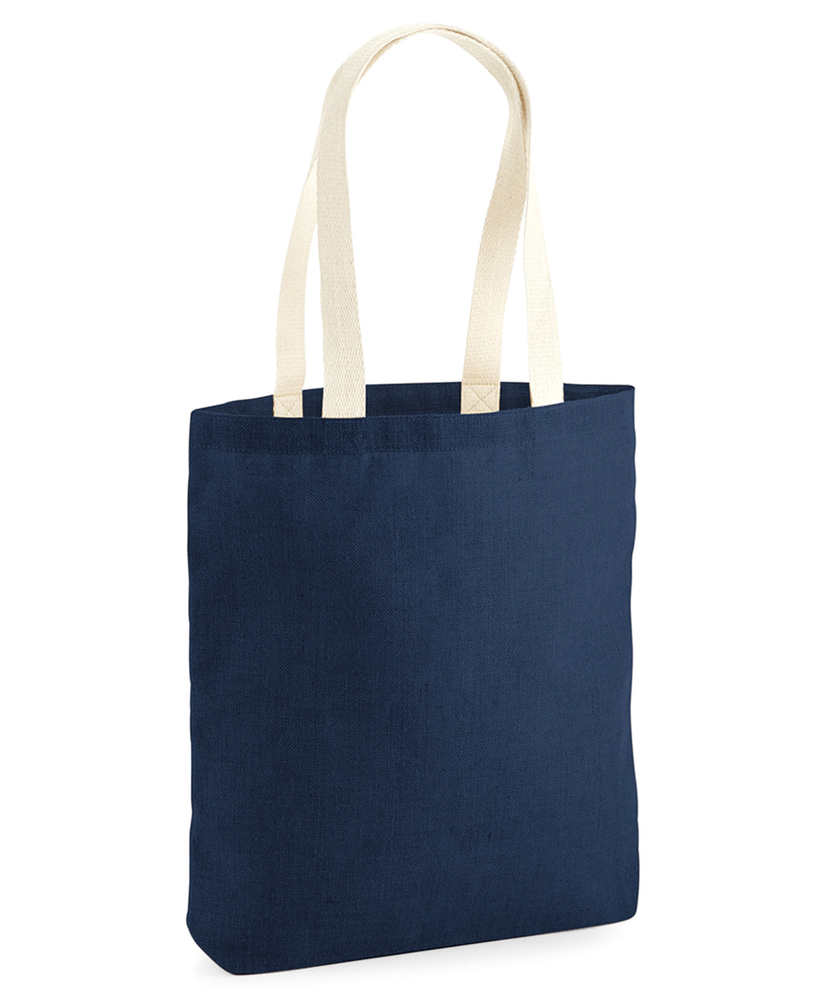 Tryck din logga på Väskor från Westford Mill - Anpassa Unlaminated Jute Tote i färgen Marinblå One Size för företag, föreningar och privatpersoner