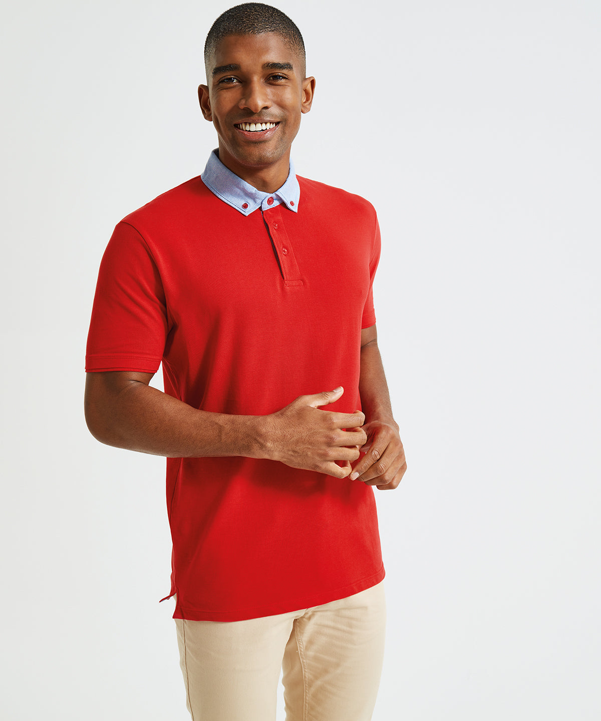 Tryck din logga på Piké från Asquith & Fox - Anpassa Chambray Button Down Polo i färgen för företag, föreningar och privatpersoner