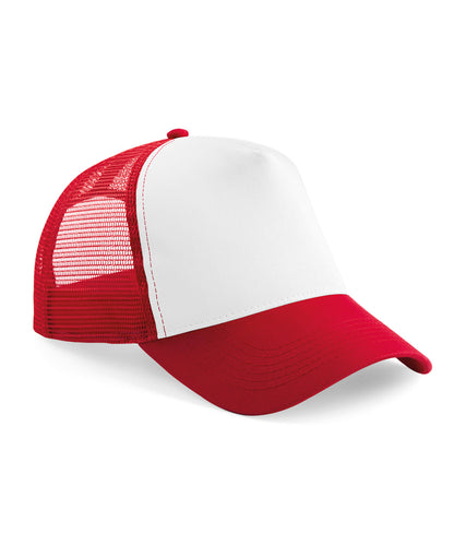 Tryck din logga på Kepsar från Beechfield - Anpassa Junior snapback trucker i färgen Mellan röd One Size för företag, föreningar och privatpersoner