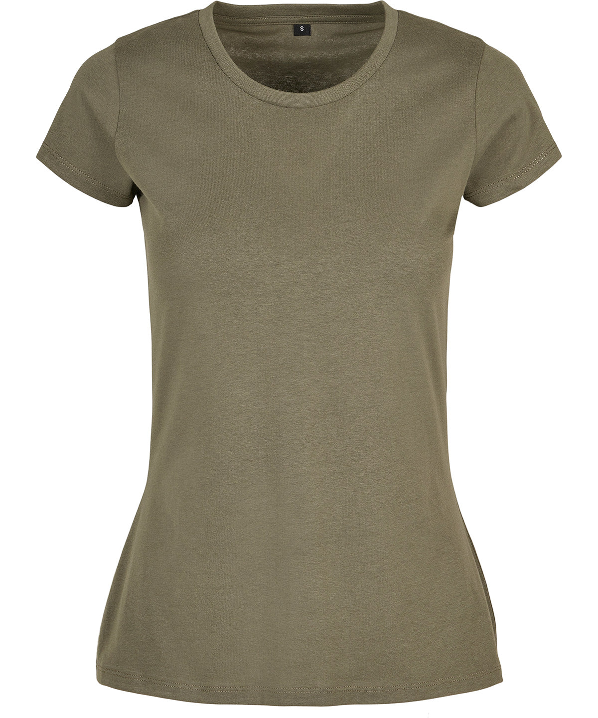 Tryck din logga på T-shirts från Build Your Brand Basic - Anpassa Basic T-Shirt - Dam i färgen Oliv för företag, föreningar och privatpersoner