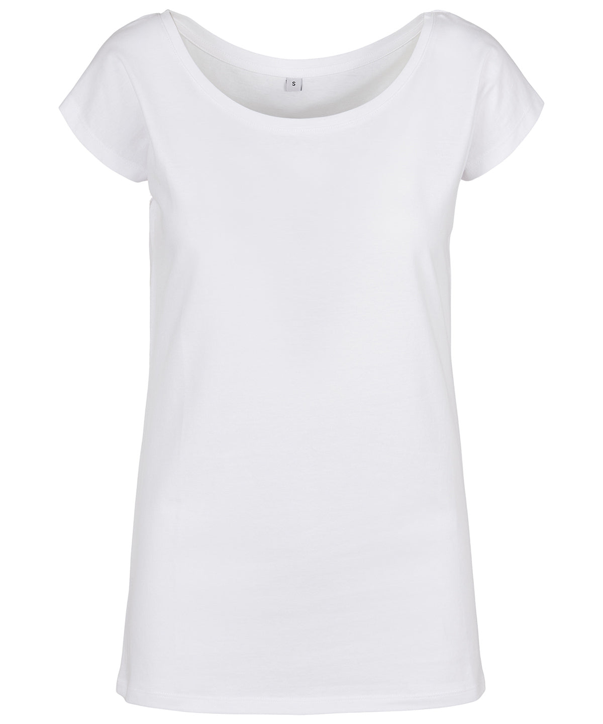 Tryck din logga på T-shirts från Build Your Brand Basic - Anpassa Wide Neck T-Shirt -Dam i färgen Vit för företag, föreningar och privatpersoner