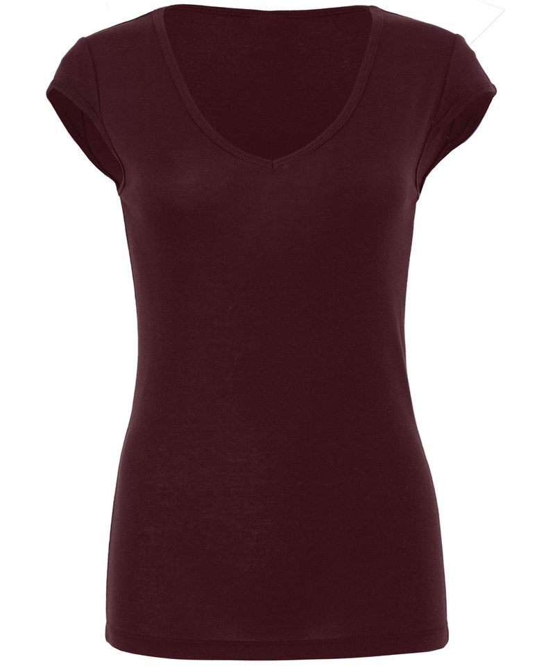Tryck din logga på T-shirts från Bella Canvas - Anpassa Sheer Mini Rib V-Neck T-Shirt - Dam i färgen Mörk lila för företag, föreningar och privatpersoner