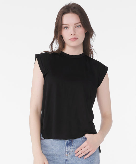 Tryck din logga på T-shirts från Bella Canvas - Anpassa Flowy Muscle Tee – Rolled Cuffs - Dam i färgen för företag, föreningar och privatpersoner