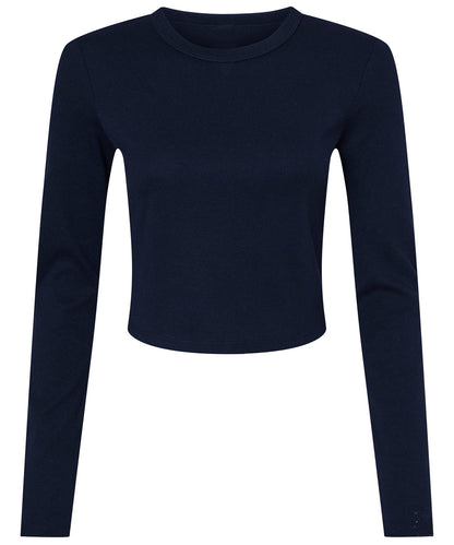 Tryck din logga på T-shirts från Bella Canvas - Anpassa Micro Rib Long Sleeve Baby Tee - Dam i färgen Marinblå för företag, föreningar och privatpersoner