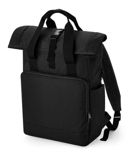 Tryck din logga på Väskor från Bagbase - Anpassa Återvunnen laptopryggsäck med dubbla handtag och rulltopp i färgen Svart One Size för företag, föreningar och privatpersoner