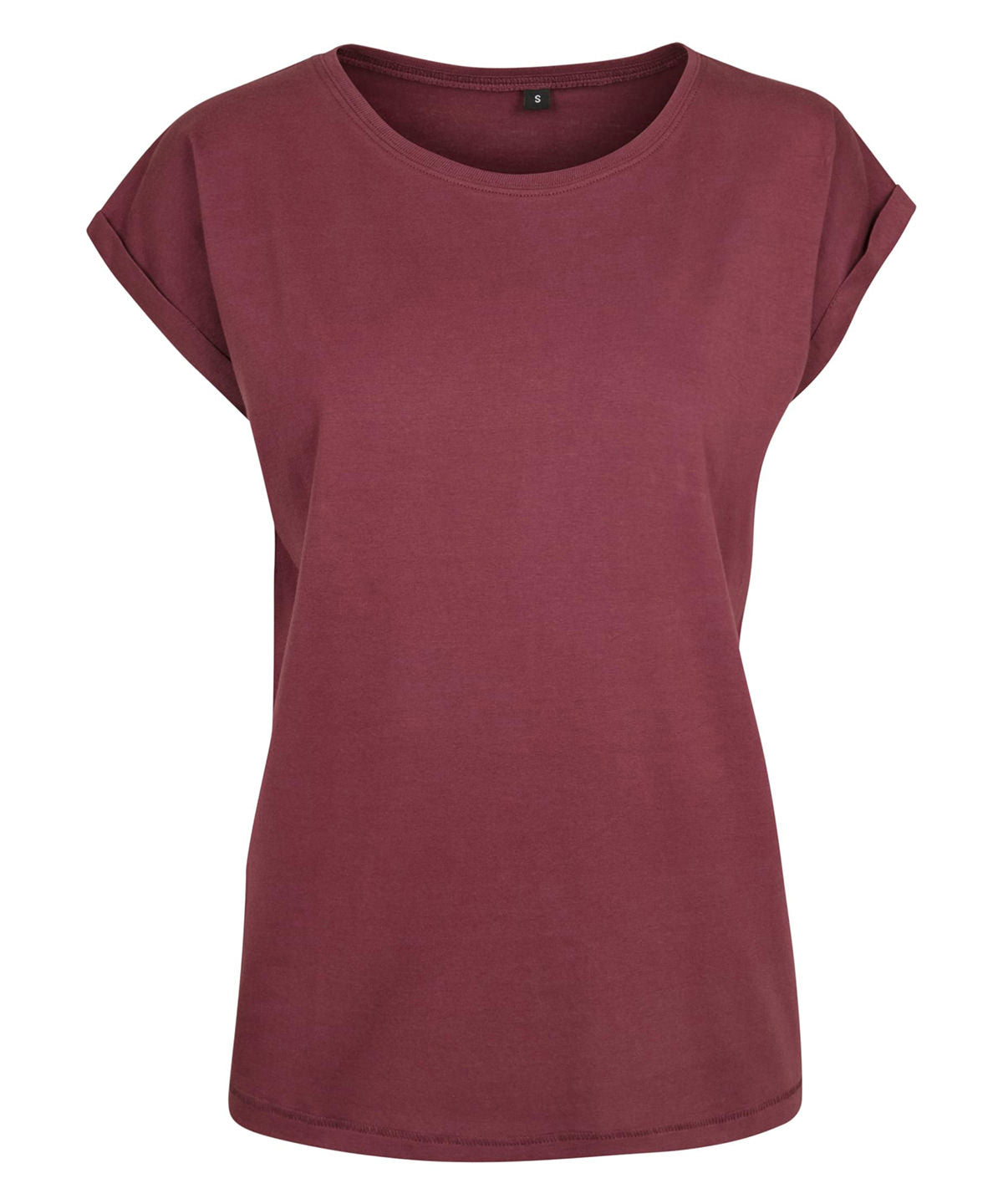 Tryck din logga på T-shirts från Build Your Brand - Anpassa Extended Shoulder Tee - Dam i färgen Mörkröd för företag, föreningar och privatpersoner