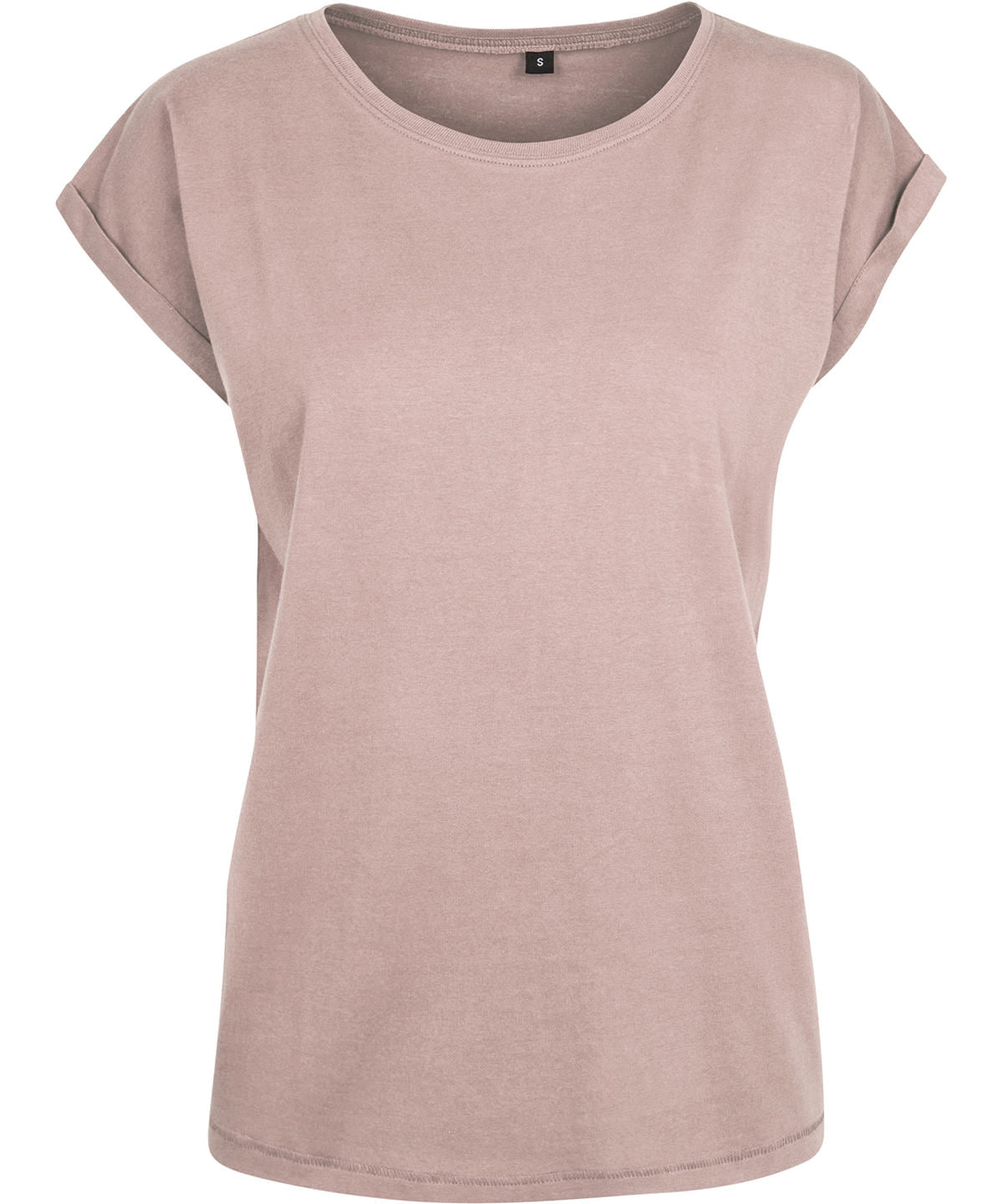 Tryck din logga på T-shirts från Build Your Brand - Anpassa Extended Shoulder Tee - Dam i färgen Ljusrosa för företag, föreningar och privatpersoner