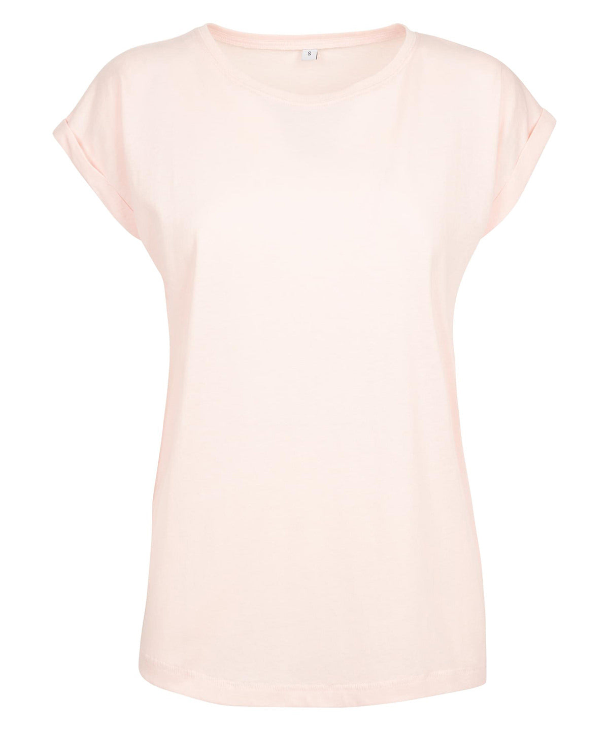 Tryck din logga på T-shirts från Build Your Brand - Anpassa Extended Shoulder Tee - Dam i färgen Ljusrosa för företag, föreningar och privatpersoner