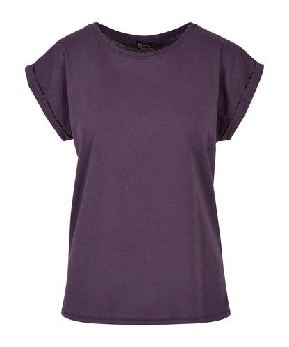 Tryck din logga på T-shirts från Build Your Brand - Anpassa Extended Shoulder Tee - Dam i färgen Mörk lila för företag, föreningar och privatpersoner