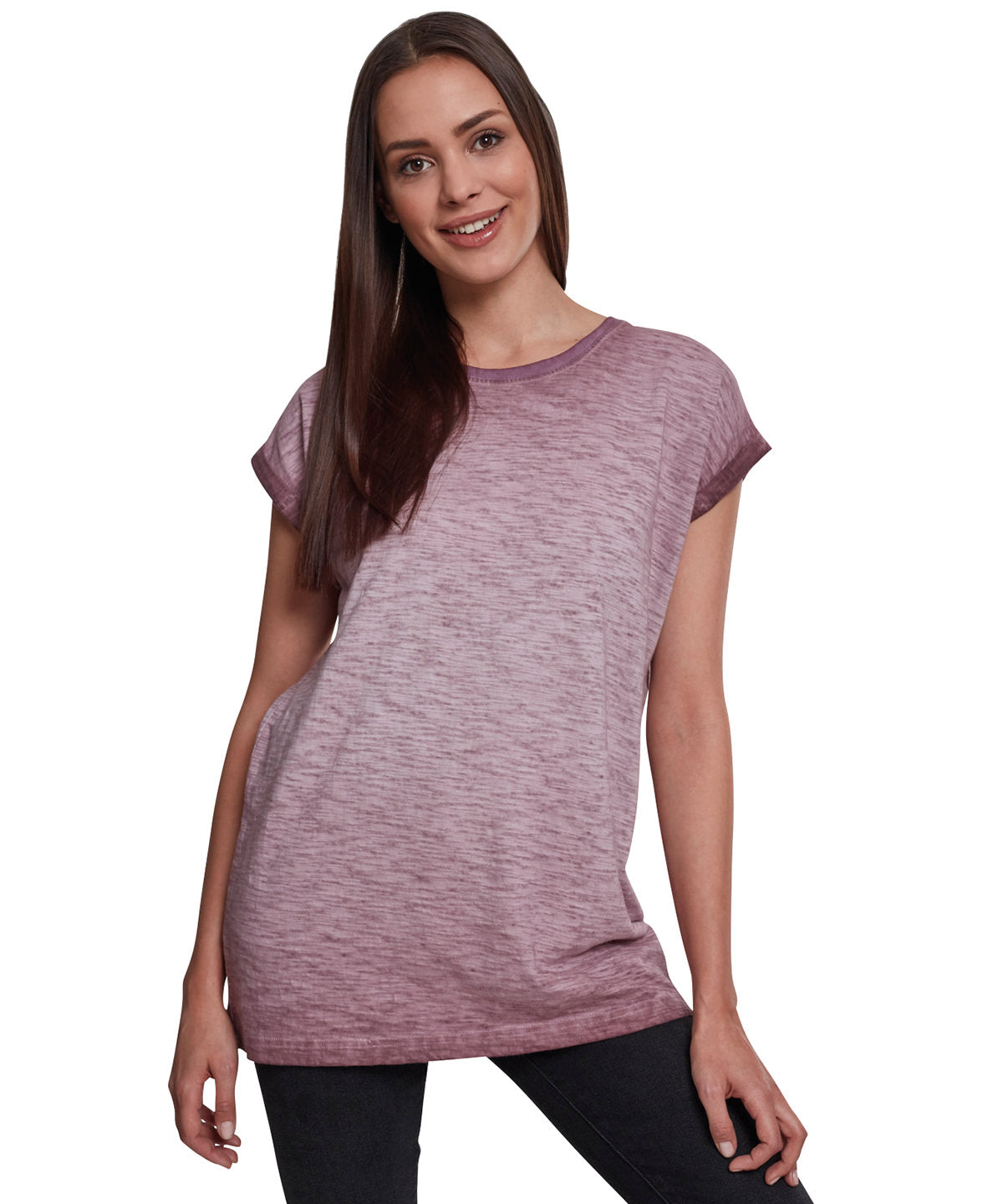 Tryck din logga på T-shirts från Build Your Brand - Anpassa Spray Dye Extended Shoulder Tee - Dam i färgen för företag, föreningar och privatpersoner