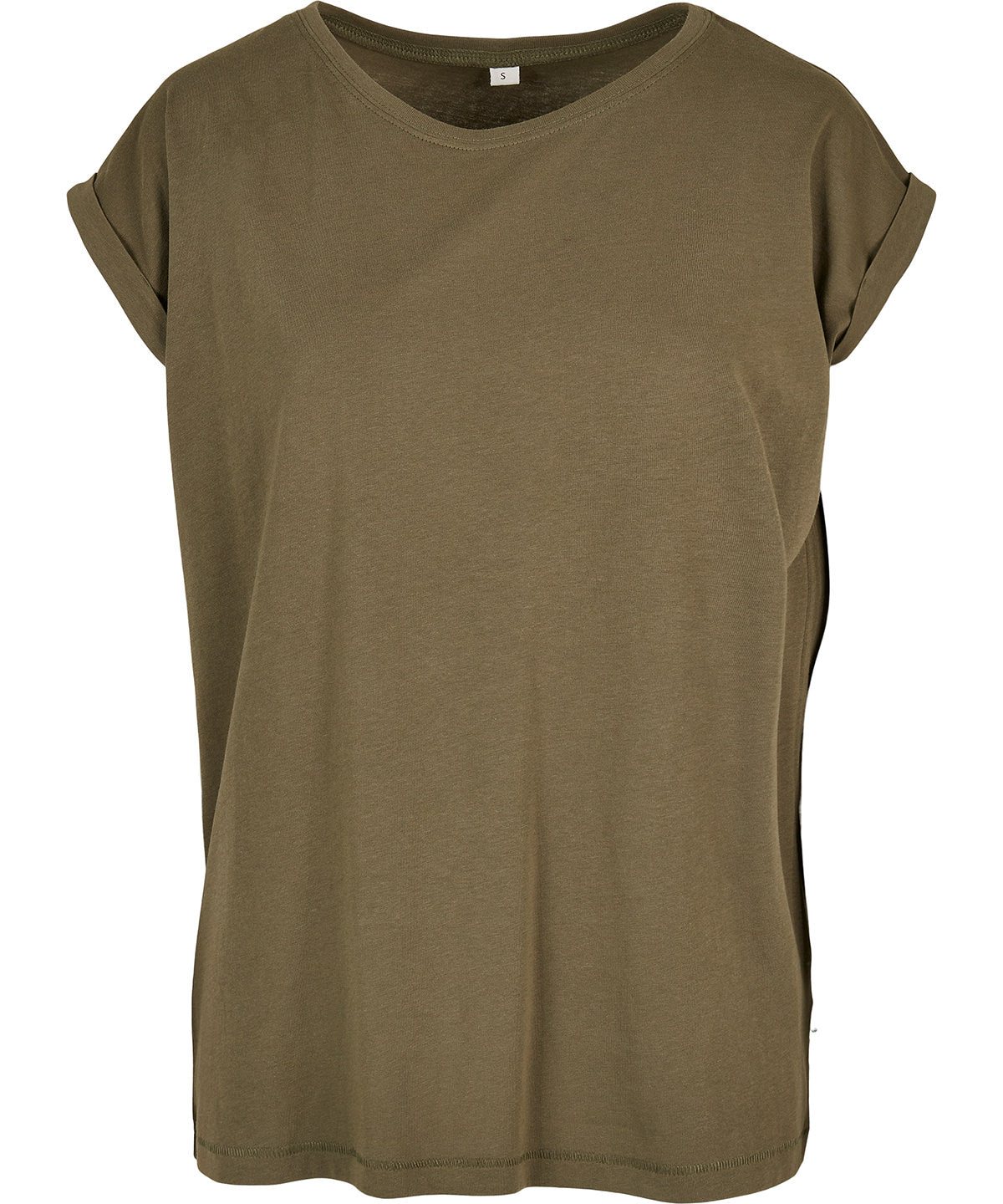 Tryck din logga på T-shirts från Build Your Brand - Anpassa Organic Extended Shoulder Tee - Dam i färgen Oliv för företag, föreningar och privatpersoner