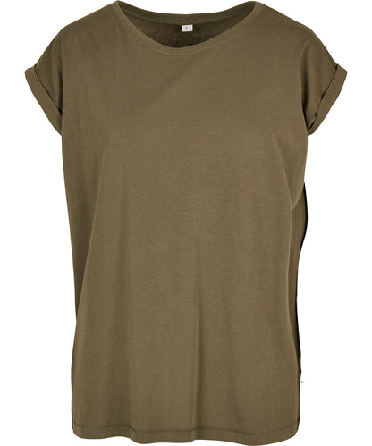 Tryck din logga på T-shirts från Build Your Brand - Anpassa Organic Extended Shoulder Tee - Dam i färgen Oliv för företag, föreningar och privatpersoner
