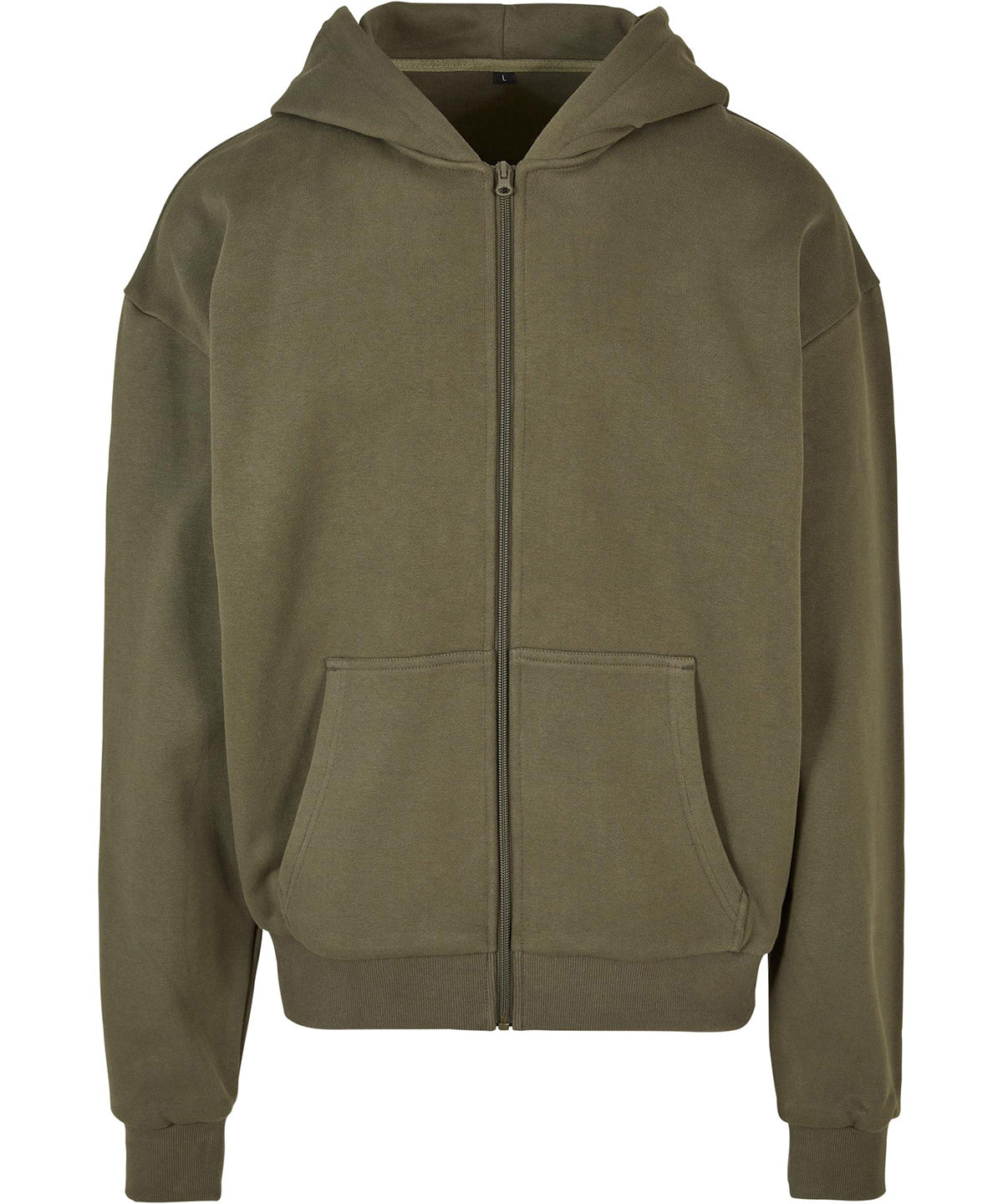 Tryck din logga på Hoodies från Build Your Brand - Anpassa Build Your Brand - Ultralång Hoodie med Dragkedja i färgen Oliv för företag, föreningar och privatpersoner