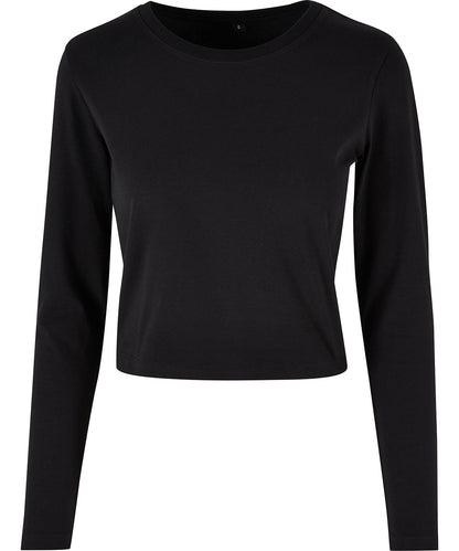 Tryck din logga på T-shirts från Build Your Brand - Anpassa Ladies Cropped Long Sleeve Top i färgen Svart för företag, föreningar och privatpersoner