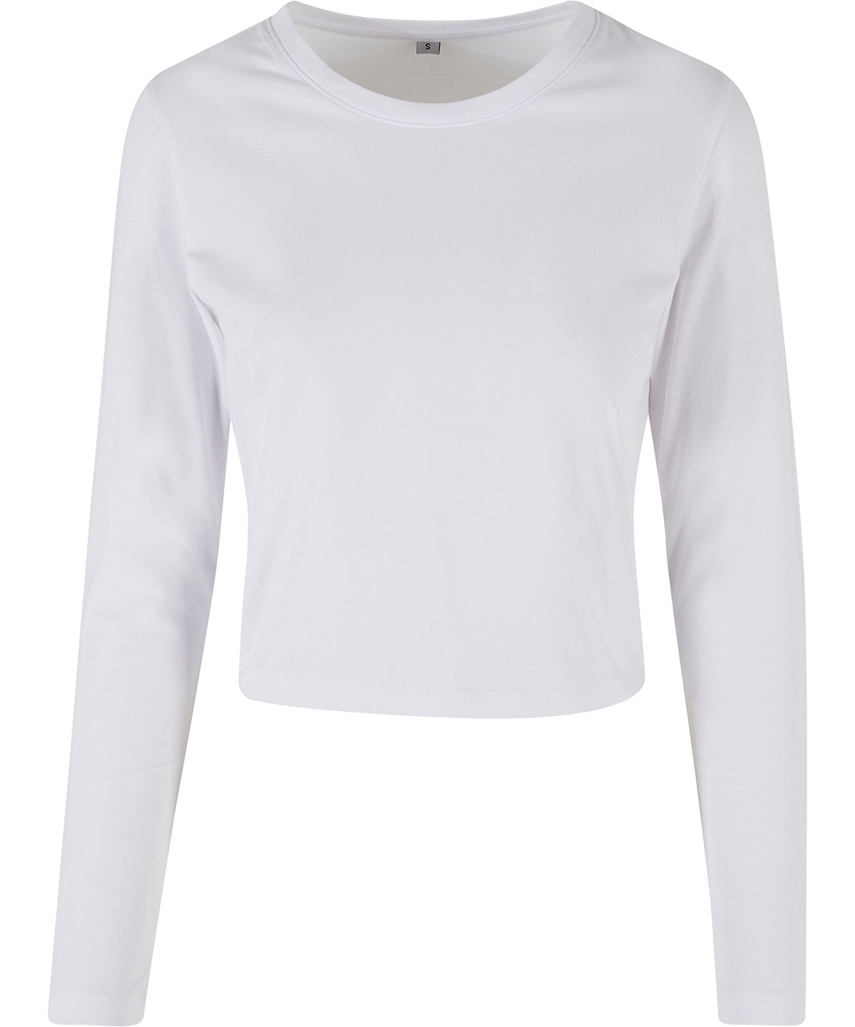 Tryck din logga på T-shirts från Build Your Brand - Anpassa Ladies Cropped Long Sleeve Top i färgen Vit för företag, föreningar och privatpersoner