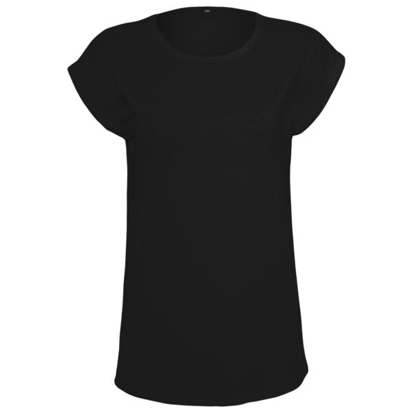 Tryck din logga på från Impala Print Shop - Anpassa BUILD YOUR BRAND Women's organic extended shoulder tee BY138 i färgen Jet Black för företag, föreningar och privatpersoner