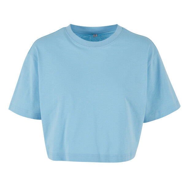 Tryck din logga på från Impala Print Shop - Anpassa BUILD YOUR BRAND Women’s short oversized tee BY264 i färgen Caribbean blue för företag, föreningar och privatpersoner