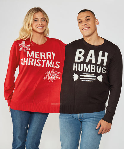 Tryck din logga på Stickade tröjor från The Christmas Shop - Anpassa Dubbel Merry Christmas/Bah Humbug-jultröja för vuxna i färgen för företag, föreningar och privatpersoner