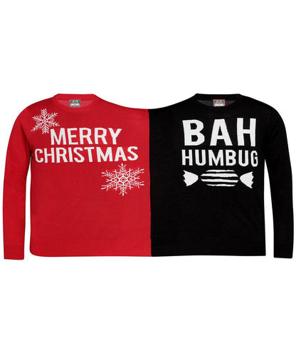 Tryck din logga på Stickade tröjor från The Christmas Shop - Anpassa Dubbel Merry Christmas/Bah Humbug-jultröja för vuxna i färgen Mellan röd One Size för företag, föreningar och privatpersoner