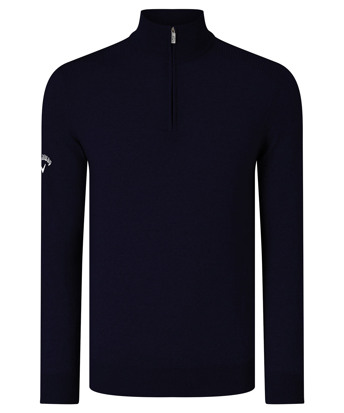 Tryck din logga på Stickade tröjor från Callaway - Anpassa Merinotröja med ribbad dragkedja i färgen Marinblå för företag, föreningar och privatpersoner