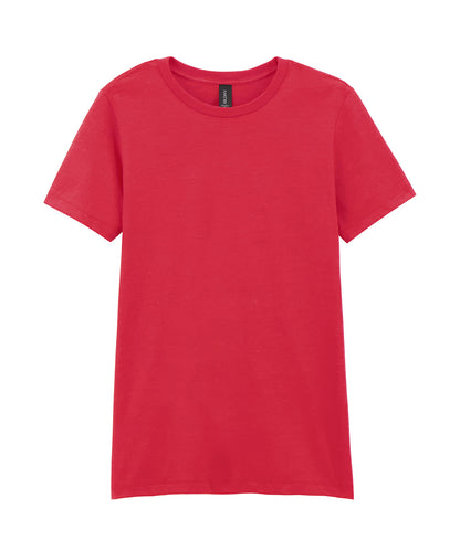Tryck din logga på T-shirts från Gildan - Anpassa Softstyle CVC T-Shirt - Dam i färgen Mellan röd för företag, föreningar och privatpersoner