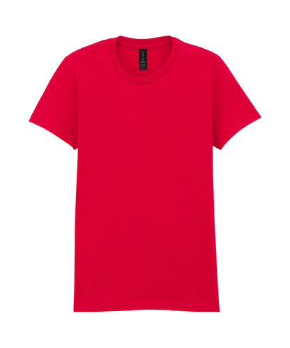Tryck din logga på T-shirts från Gildan - Anpassa Softstyle Midweight T-Shirt - Dam i färgen Mellan röd för företag, föreningar och privatpersoner