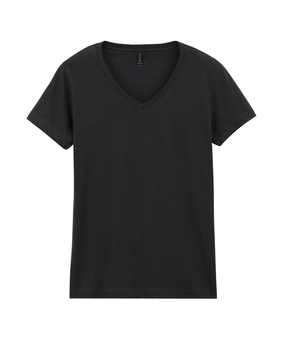 Tryck din logga på T-shirts från Gildan - Anpassa Softstyle V-Neck T-Shirt - Dam i färgen Svart för företag, föreningar och privatpersoner