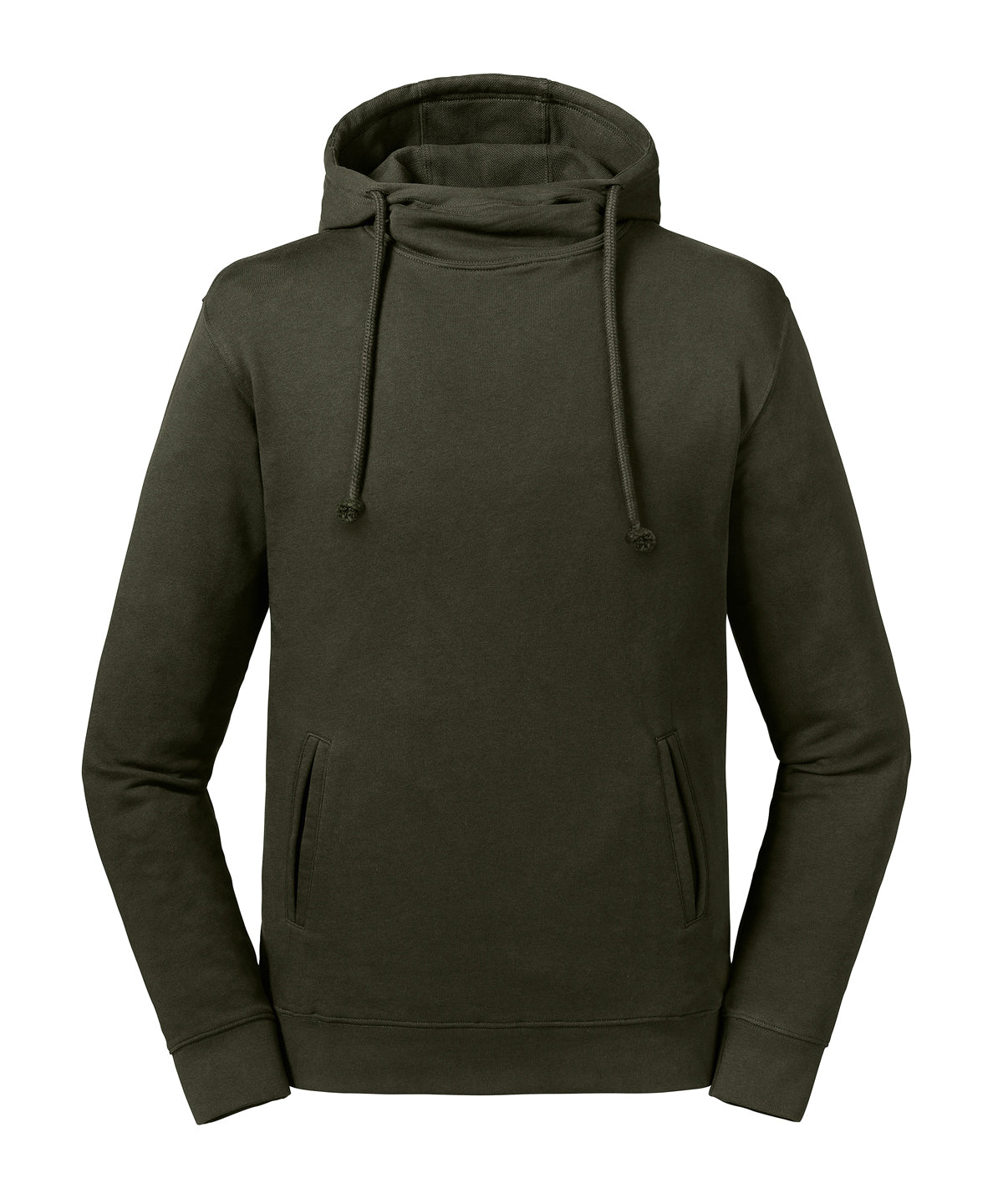 Tryck din logga på Hoodies från Russell Europe - Anpassa Russell Europe - Ren Ekologisk Hoodie med Hög Krage och Huva i färgen Oliv för företag, föreningar och privatpersoner