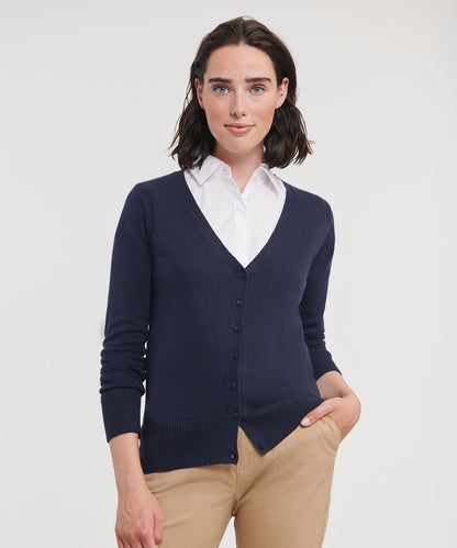 Tryck din logga på Koftor från Russell Collection - Anpassa Stickad cardigan med v-ringning för damer i färgen för företag, föreningar och privatpersoner