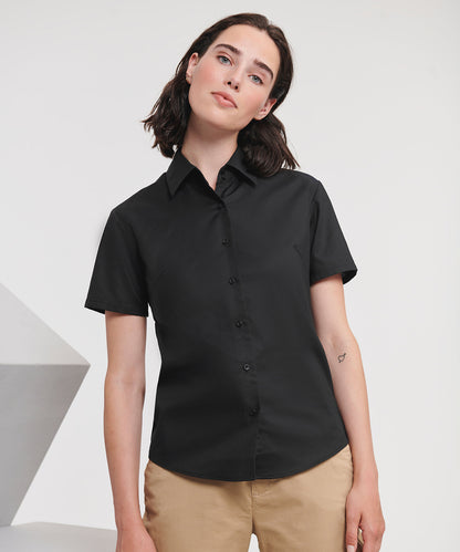 Tryck din logga på Skjortor från Russell Collection - Anpassa Kortärmad Oxfordskjorta för dam i färgen för företag, föreningar och privatpersoner